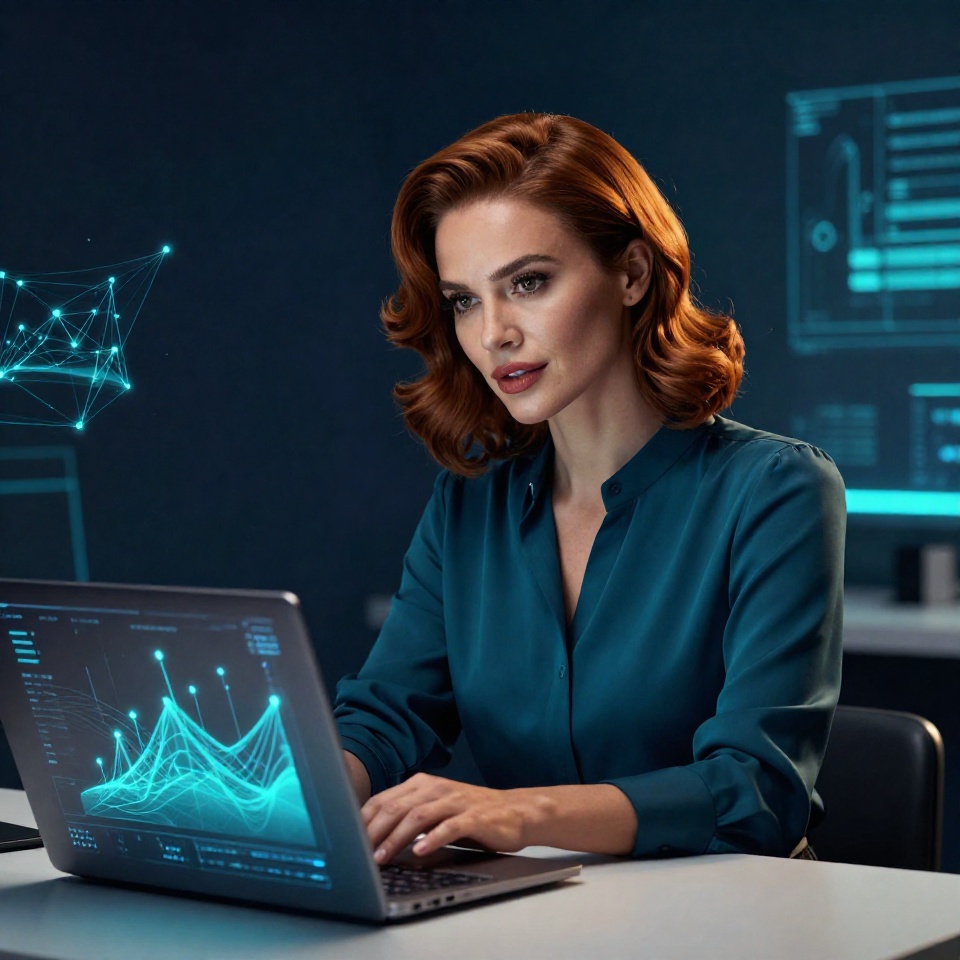 Специфические сценарии и нишевые материалы для SEO-стратегии Элегантная женщина-специалист по цифровому маркетингу анализирует данные SEO на современном рабочем месте с абстрактной визуализацией графиков и аналитики