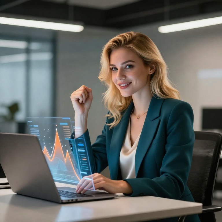 Уверенная украинская девушка за ноутбуком с аналитикой роста трафика, современный рабочий пространство, премиальный кинематографический стиль