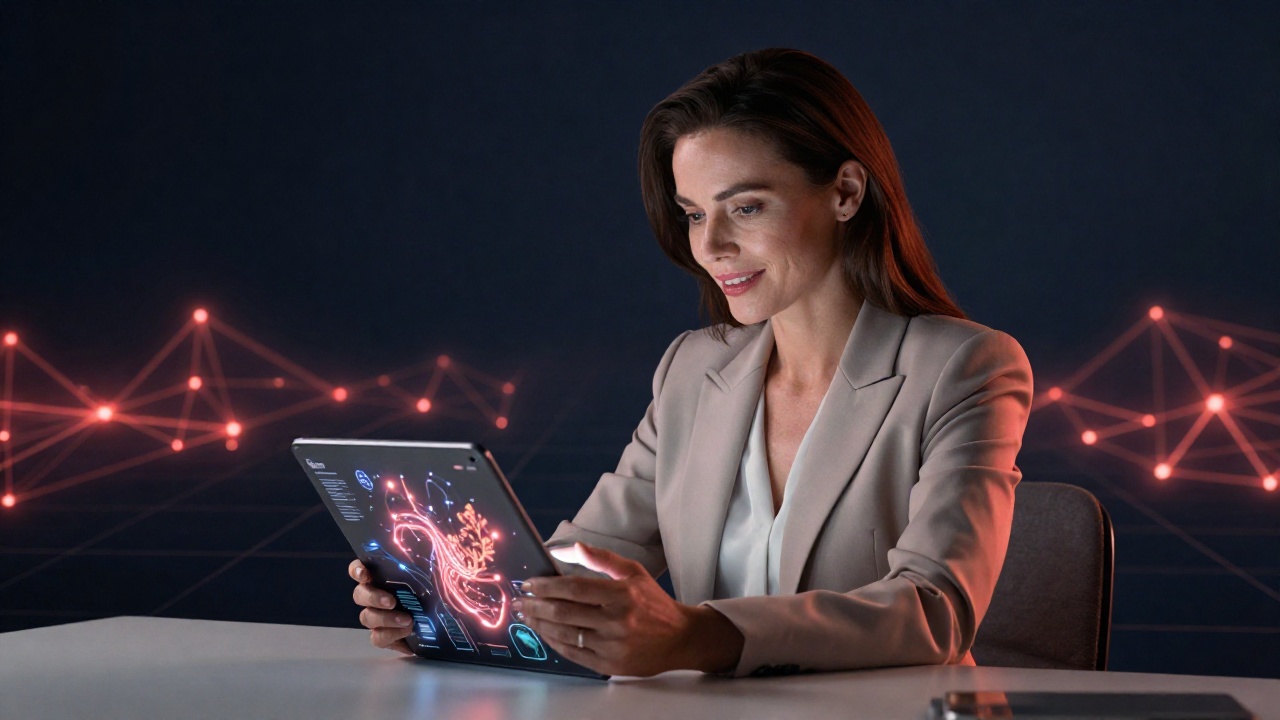 Уверенная женщина рассчитывает комиссию в сети TRON с помощью калькулятора на планшете, абстрактная визуализация блокчейн-сети с энергетическими узлами